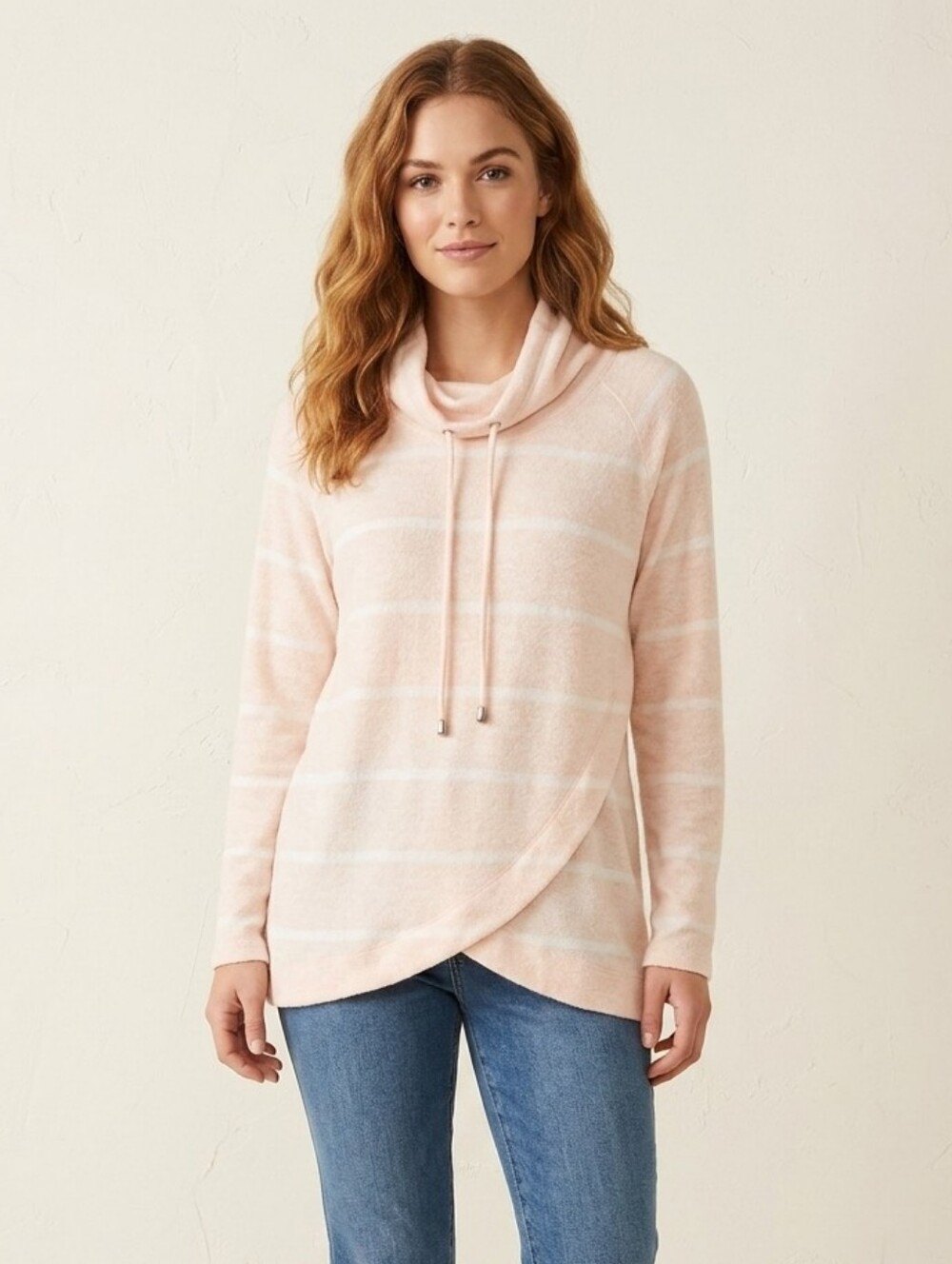 NWT . cowl neck soft Pink and White Striped Hooded Light Weight Sweater